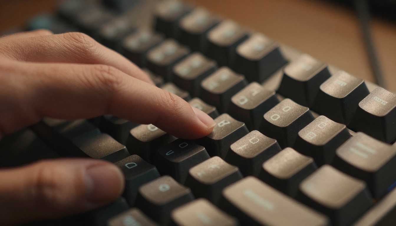 Close-up macro of developer fingers on backlit mechanical keyboard with code blurred behind