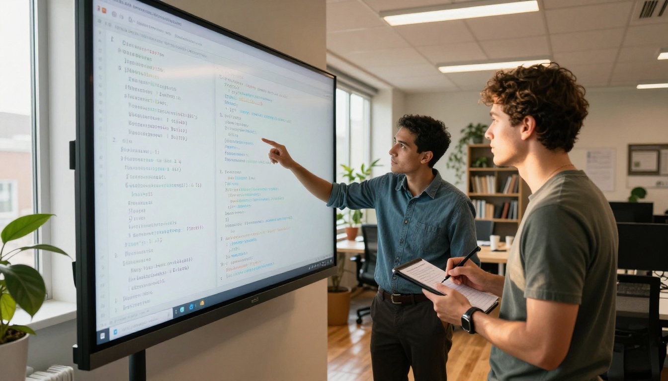 Two developers collaborating at a wall-mounted display in bright open-plan office