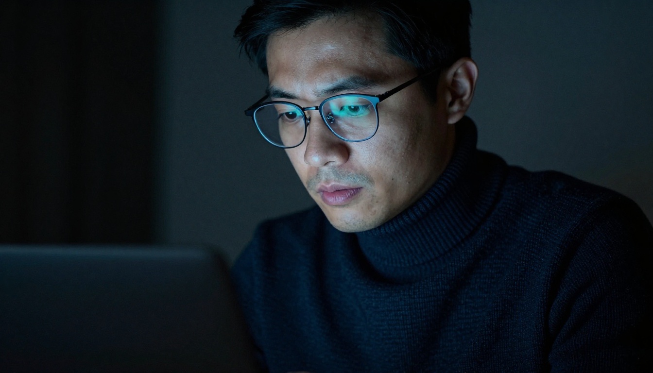 Close-up portrait of focused developer reading laptop screen in dim room with monitor glow on face
