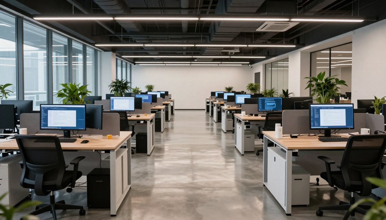 Wide establishing shot of sleek modern tech office with developer workstations and monitors