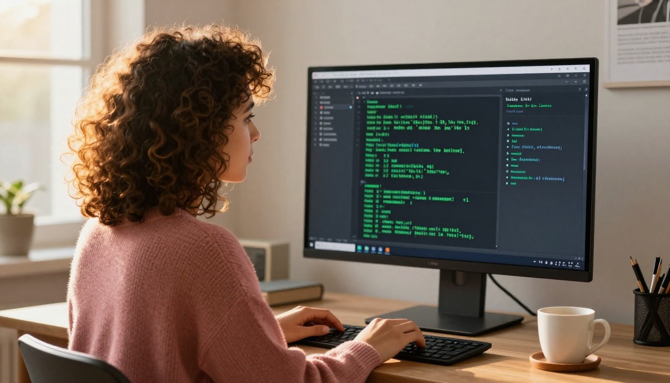 Over-the-shoulder shot of developer woman with curly hair reviewing pull request in golden afternoon light