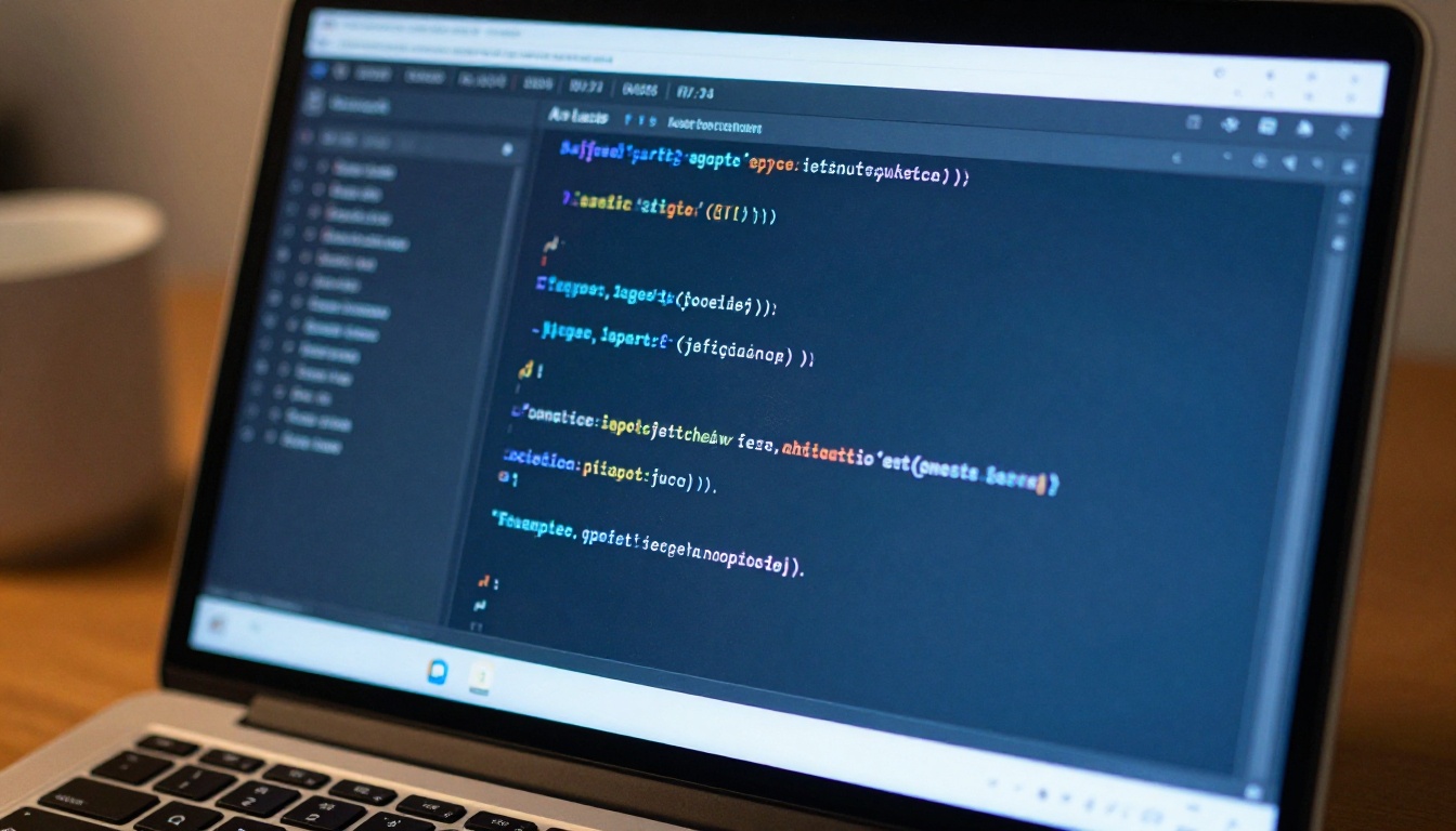 Tight close-up of laptop screen showing AI code assistant sidebar with blue-highlighted suggestions