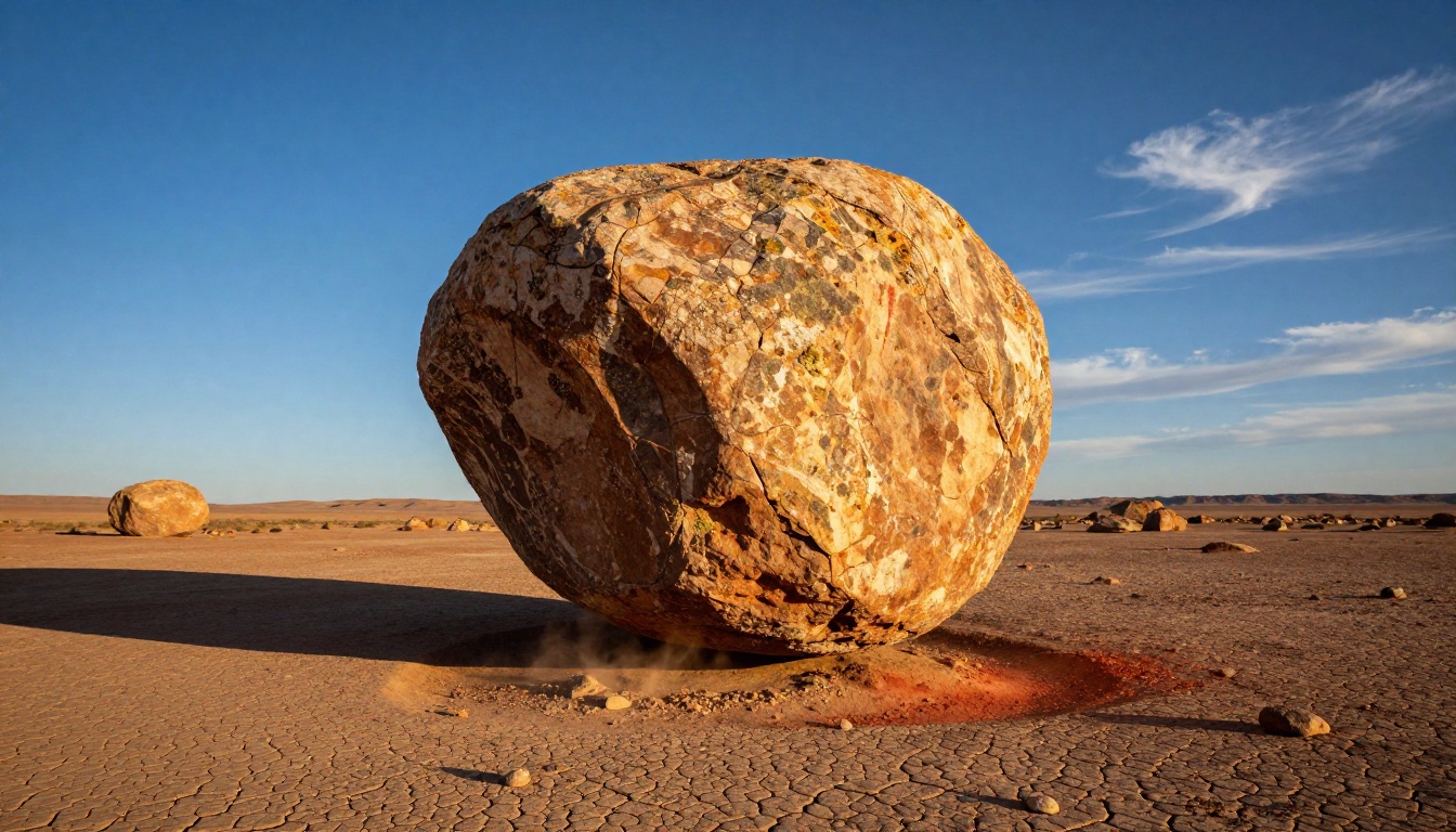 A massive boulder floating three feet above a cracked desert landscape at golden hour, smaller stones and red dust rising upward from the ground below