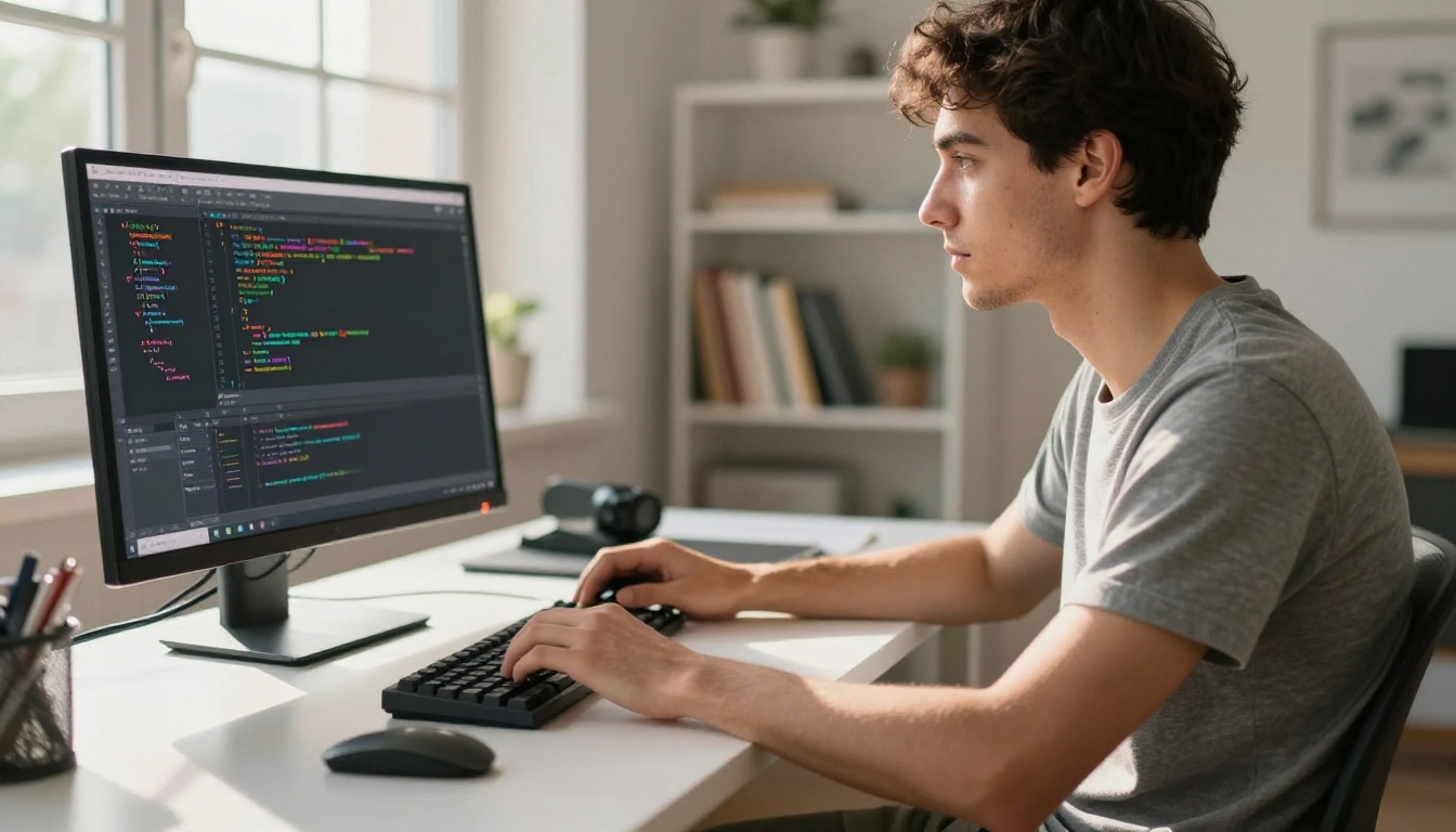 Developer working at a modern workspace with ultrawide monitor displaying code