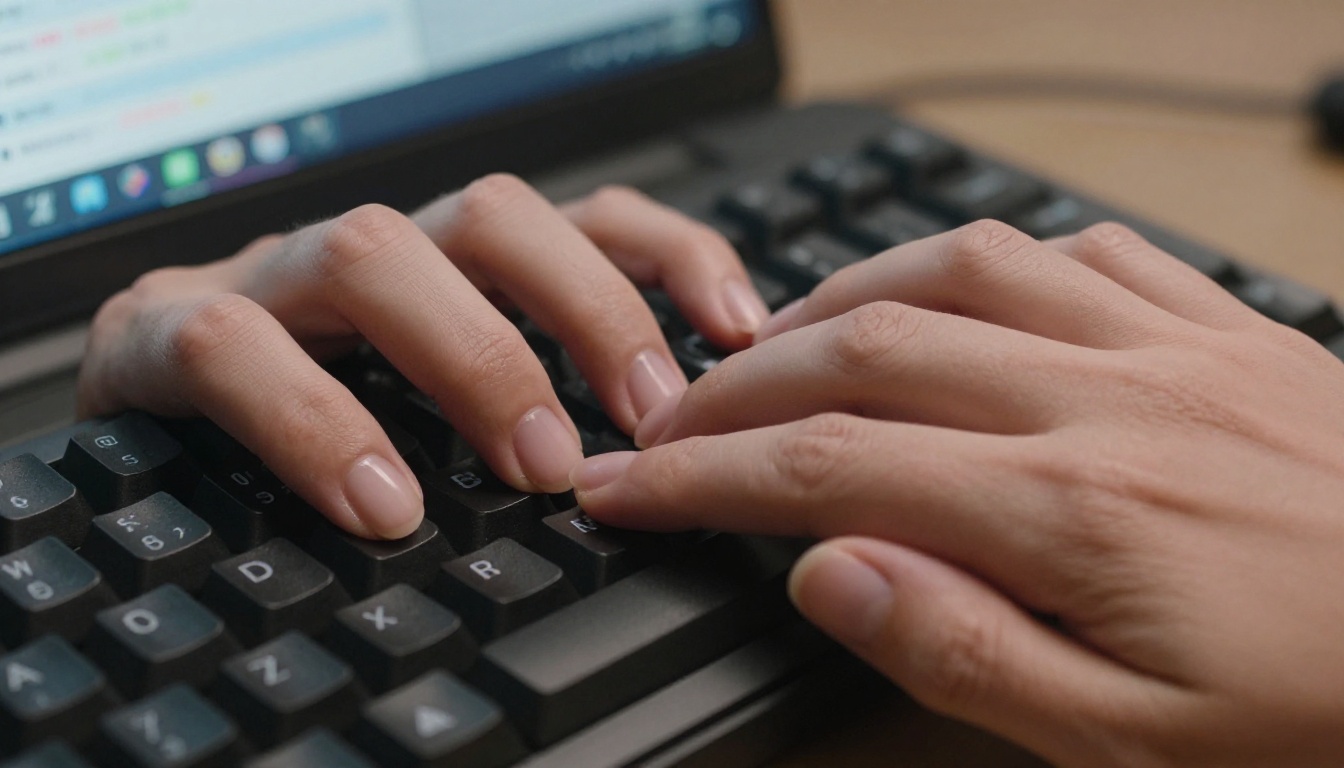 Close-up of hands typing on mechanical keyboard with code editor visible in background