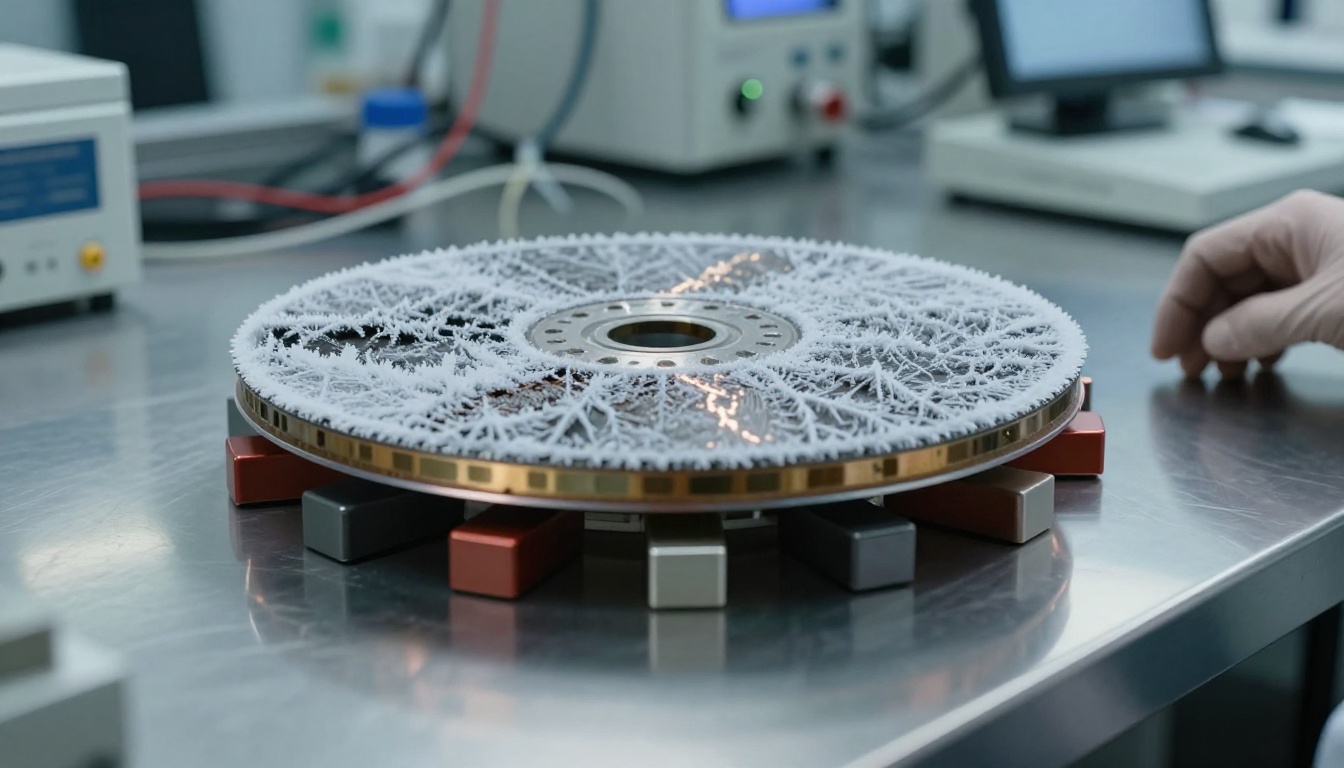 A superconducting ceramic disk hovering above a neodymium magnet track in a research laboratory, frost crystals forming from liquid nitrogen cooling, 100mm macro lens close-up