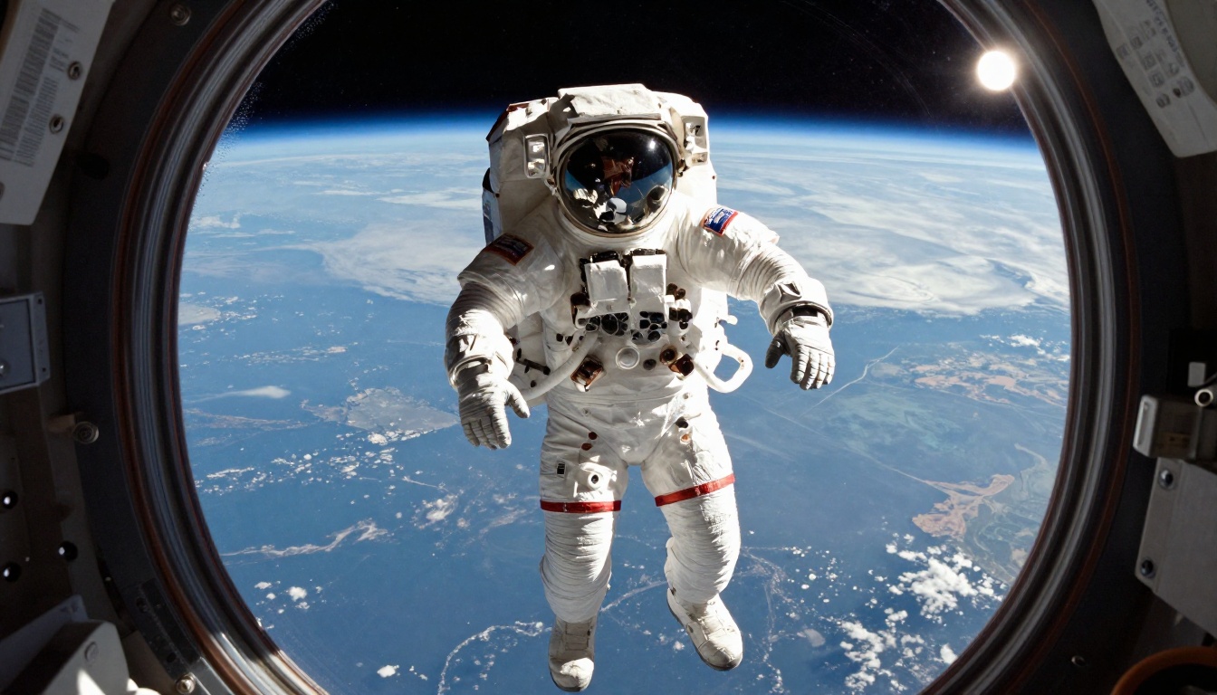 An astronaut floating weightlessly in the International Space Station cupola, Earth's curved horizon filling the window below, sunlight on the suit visor