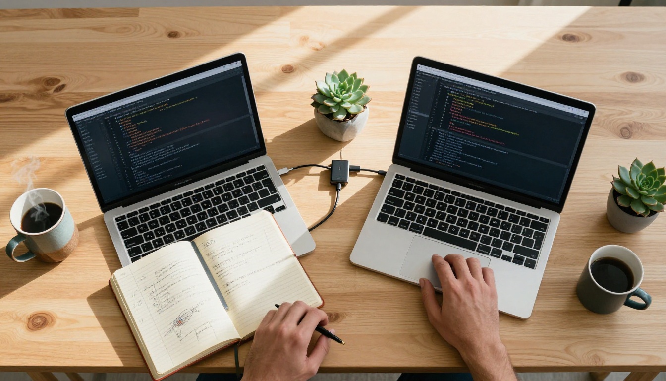 Aerial overhead view of developer workspace with two laptops and scattered notes