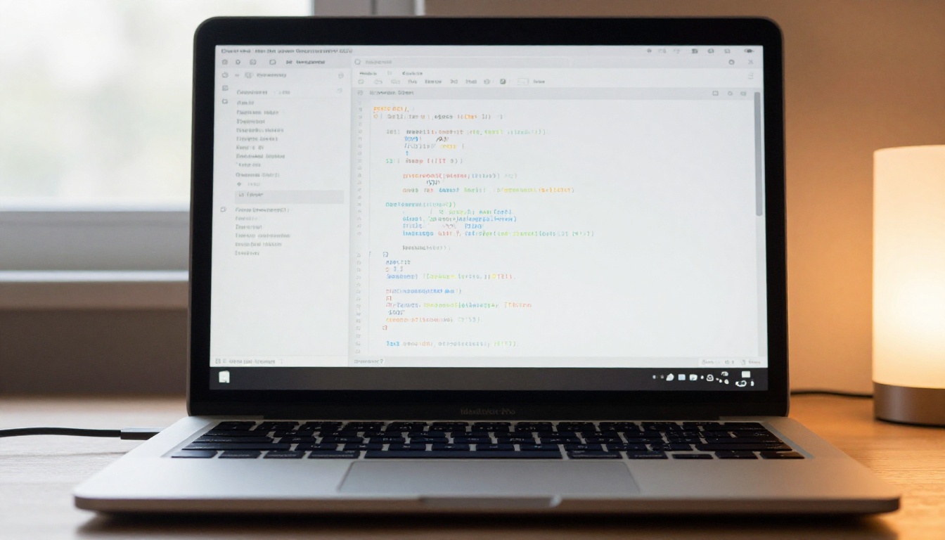 Low-angle shot of MacBook Pro screen displaying AI code completion suggestions