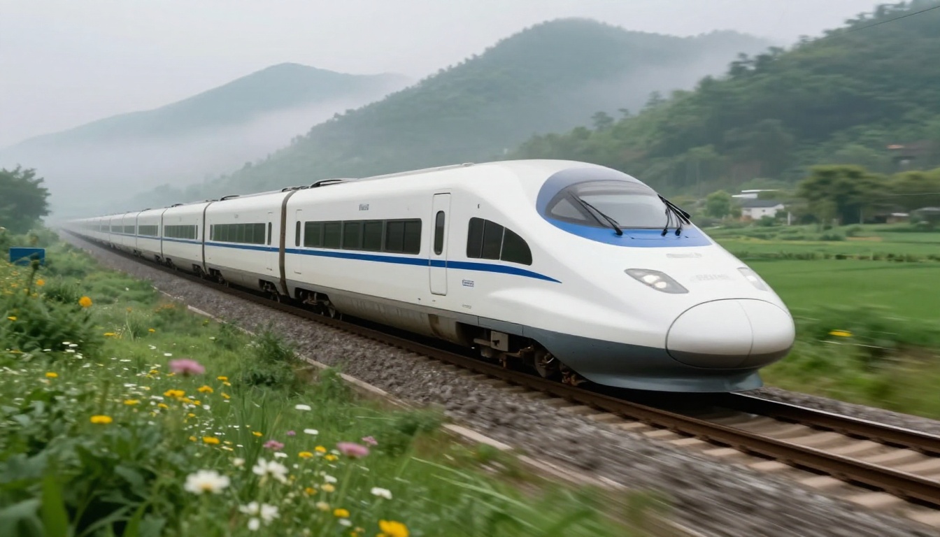 A sleek white maglev train gliding silently above its magnetic guideway through a misty green countryside valley, the levitation gap clearly visible beneath the carriage