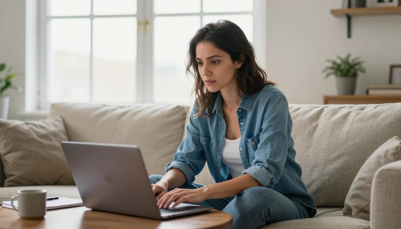 Female developer seated on linen couch, focused on laptop screen in bright home office