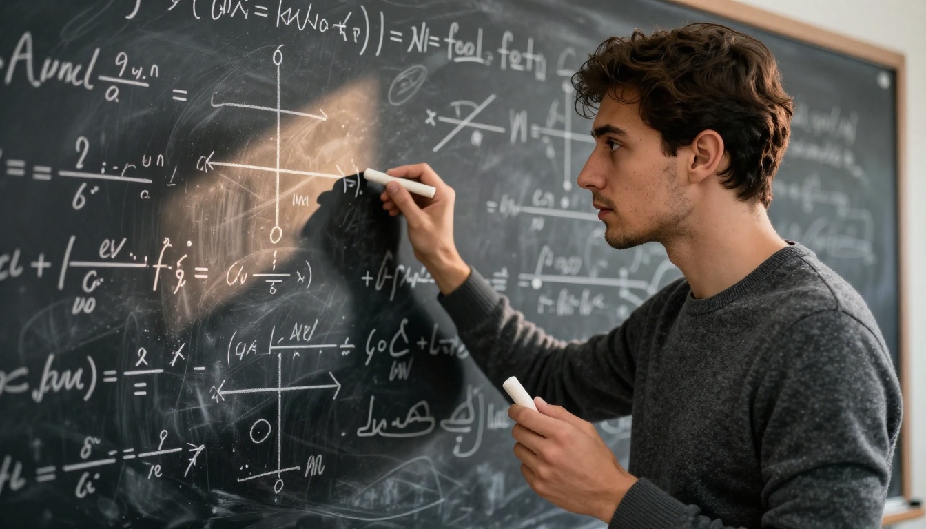 A young male physicist writing gravitational equations on a chalkboard, chalk dust visible in raking amber sidelight, 85mm portrait lens