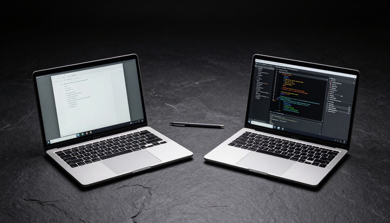 Two silver laptops side by side on dark slate surface showing different coding interfaces