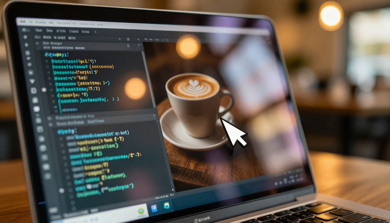 Laptop screen with terminal window in warm cafe environment with bokeh background lights