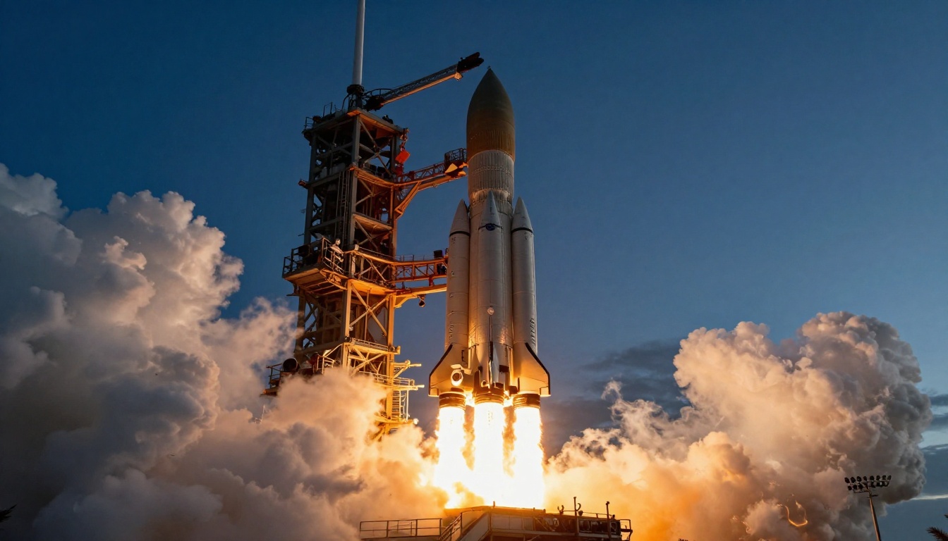 A NASA rocket lifting off from its launch pad at sunrise, massive plumes of white steam and orange fire billowing outward, the structure clearing the launch tower