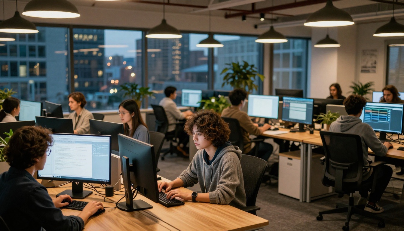 Wide establishing shot of modern open-plan office with developers at standing desks at dusk