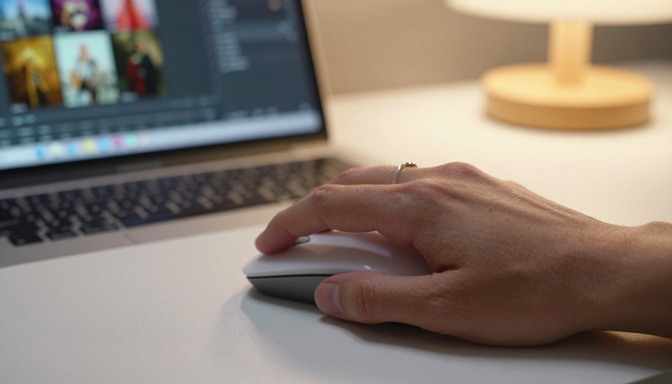 Hand on wireless mouse with creative image editing interface visible on background screen