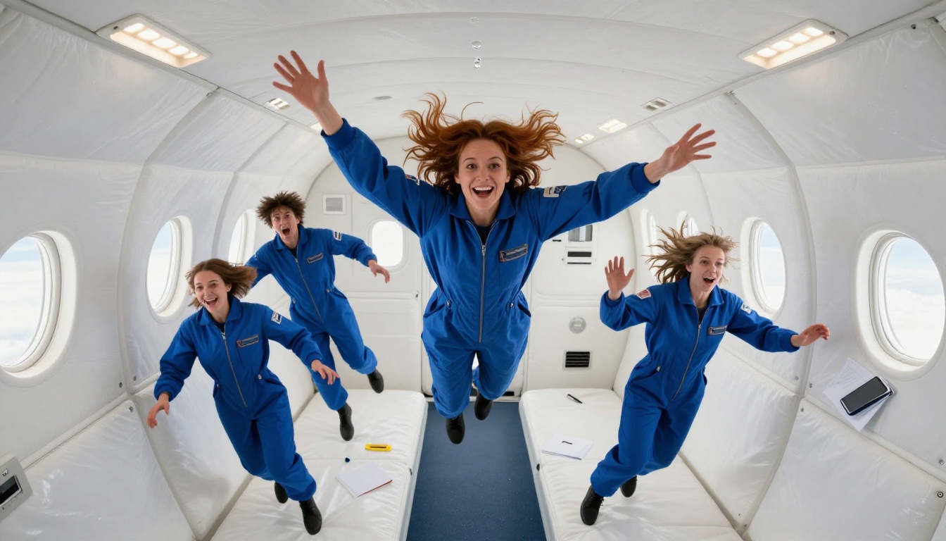 Five passengers in blue jumpsuits floating freely inside a parabolic flight aircraft cabin, water droplets suspended in midair, expressions of genuine joy and amazement