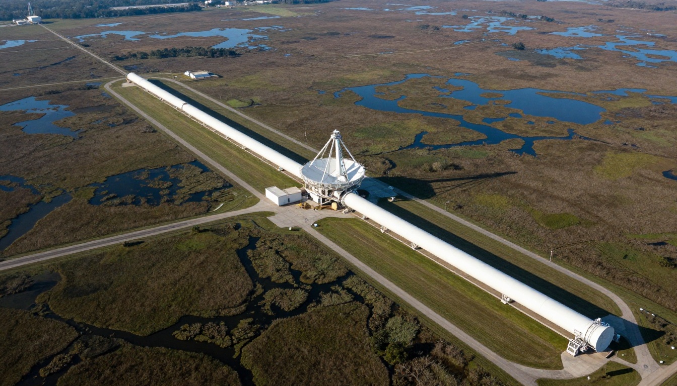 Aerial view of the LIGO gravitational wave detector facility, two four-kilometer concrete arms stretching in an L-shape across flat Louisiana marshland