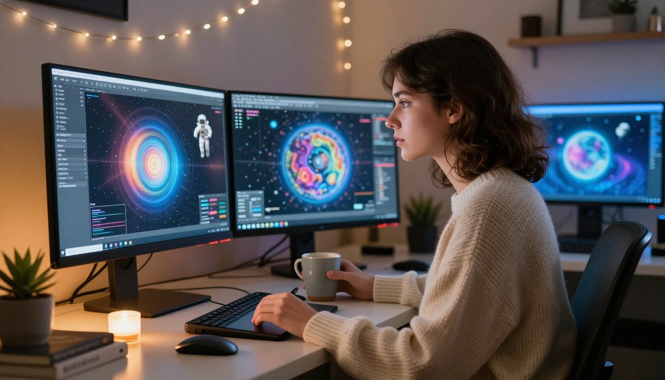 A young woman at a creative workstation with two monitors showing AI-generated space and physics imagery, warm amber lamp light and cool screen glow creating dual-tone lighting on her face