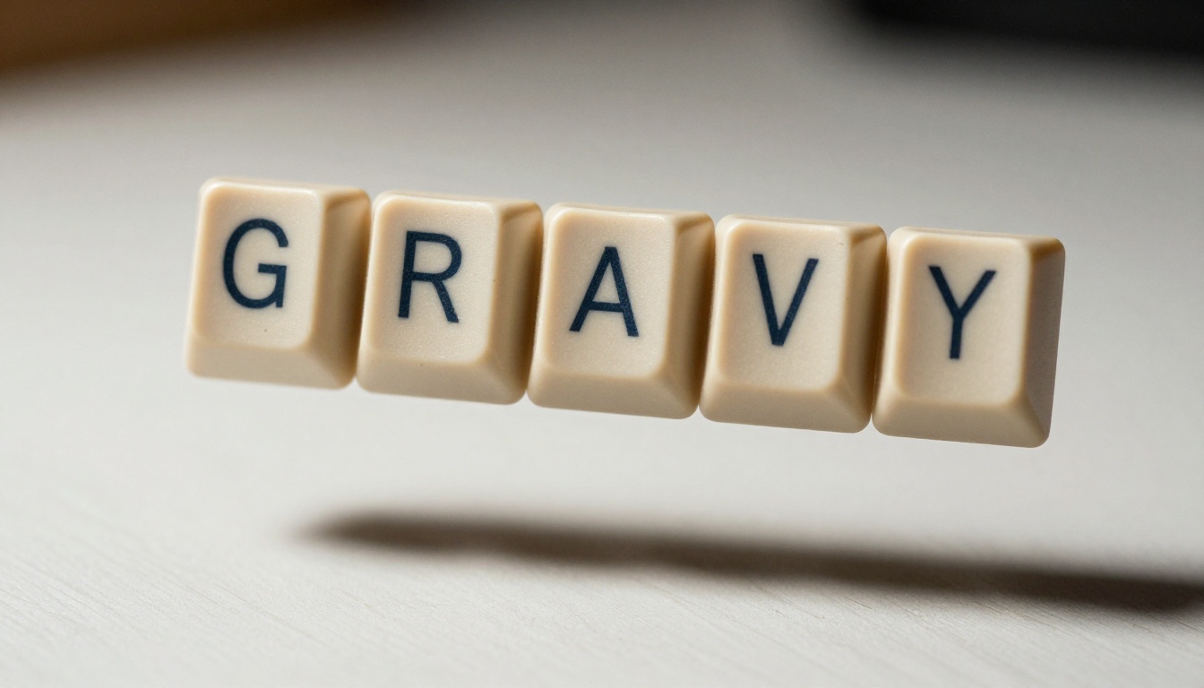 Vintage cream keyboard keys spelling GRAVITY floating mid-air above a white oak desktop, macro photography, morning side-light from upper right