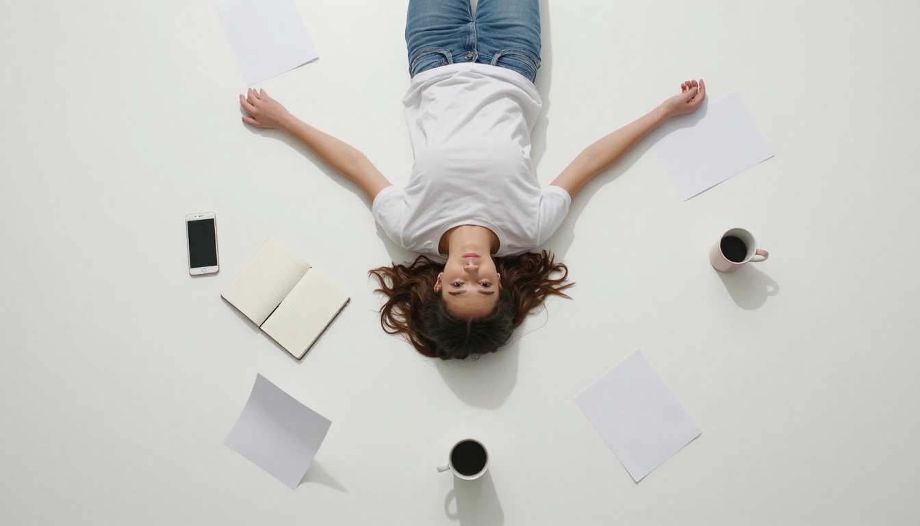 Aerial overhead shot of young woman on studio floor surrounded by floating phone, notebook, coffee cup, papers with circular shadows below each item