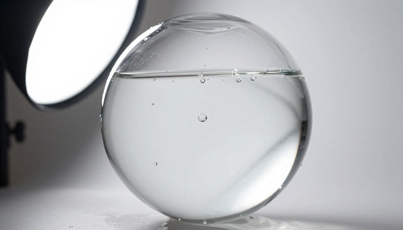 Crystal-clear water sphere suspended mid-air in white studio with dozens of orbiting micro-droplets each catching a specular highlight, macro photography