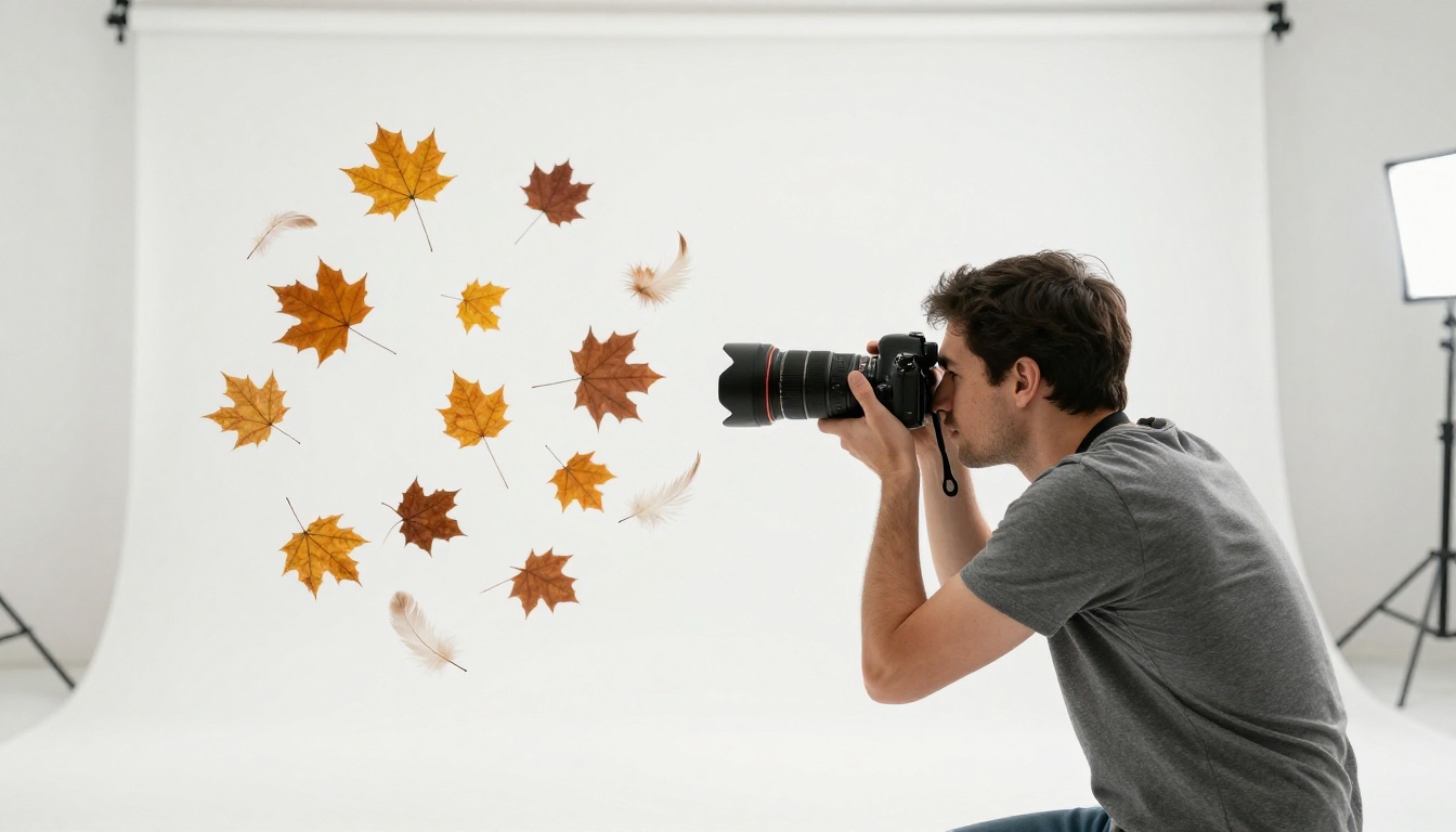 Professional photographer crouching behind DSLR viewfinder in bright white studio, elaborate levitation arrangement of amber autumn leaves and feathers suspended mid-air