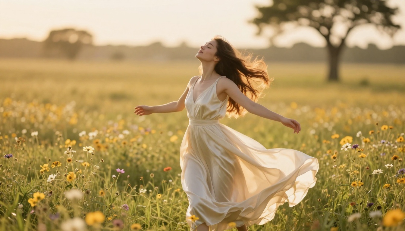 Young woman in cream silk dress appearing to float one meter above a golden-hour wildflower meadow, backlit warm sunlight creating rim light along hair edges, 85mm shallow depth of field