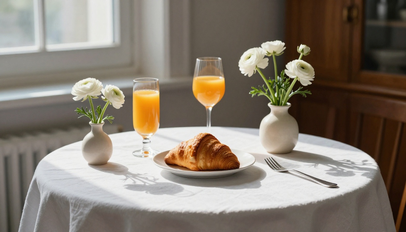 Elegant breakfast floating above white linen tablecloth: golden croissant, glass of orange juice, small ceramic vase with white flowers, soft directional shadows below each item