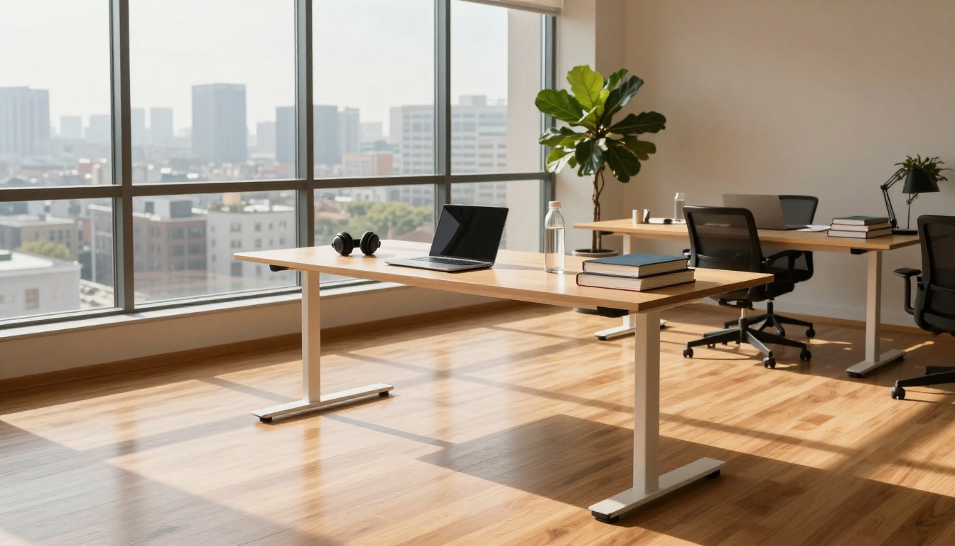 Airy open-plan workspace with floor-to-ceiling windows and morning sunlight, slim laptop, headphones, water bottle and books floating around a standing desk