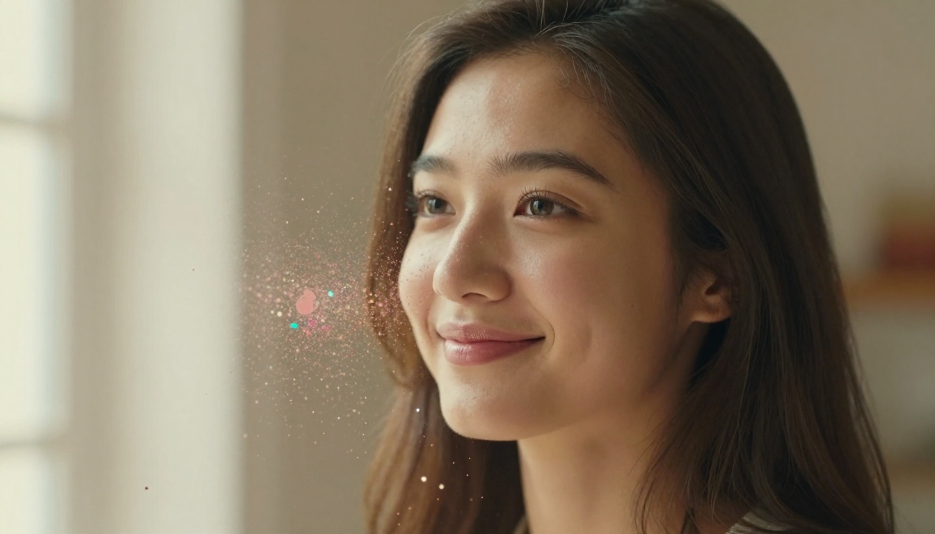 Close-up portrait of young woman lit by soft window light, looking at camera with warm smile, floating paint pigment particles in rose, amber, turquoise, and ivory surrounding her face