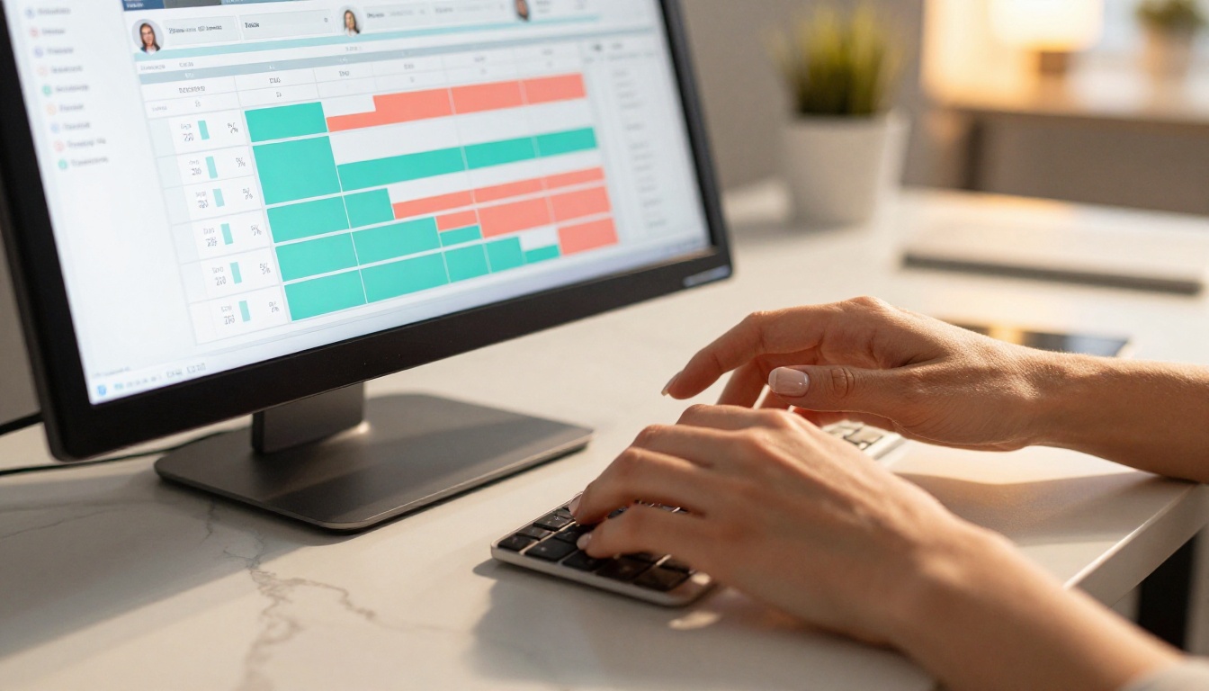 A professional manager reviews her team's workload dashboard on a touchscreen monitor, afternoon light streaming across her hands as she navigates capacity bars and task assignments.