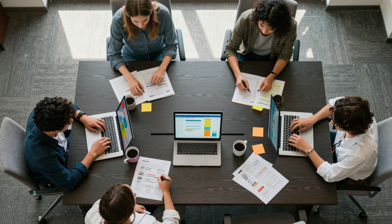 Aerial overhead view of four professionals seated around a conference table, each with analytics dashboards open on laptops, printed charts scattered between them.