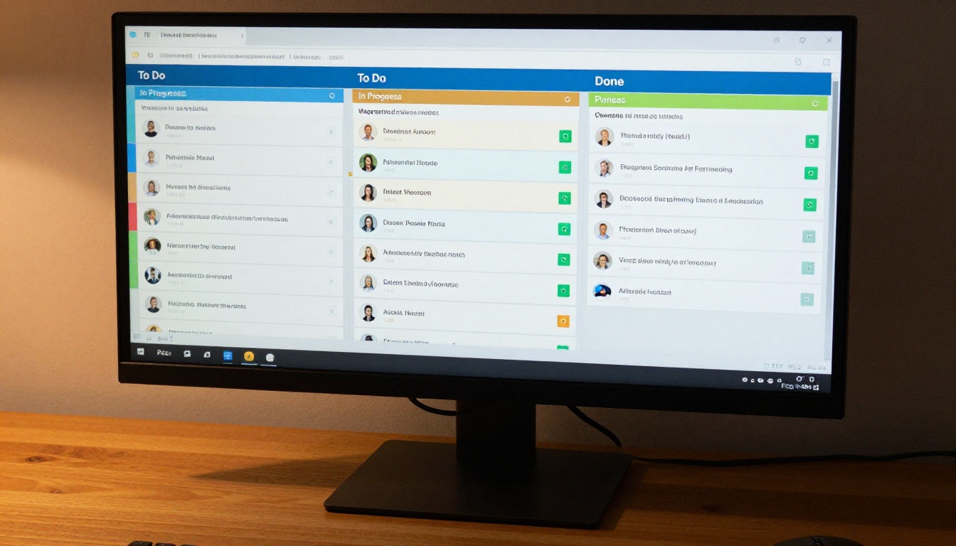 Extreme close-up of a Kanban project board on a widescreen monitor, showing To Do, In Progress, and Done columns with color-coded task cards and circular user avatars.
