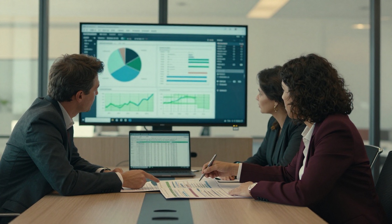 Two professionals inside a glass-walled meeting room review printed charts and a live analytics dashboard together, natural daylight entering from the right.