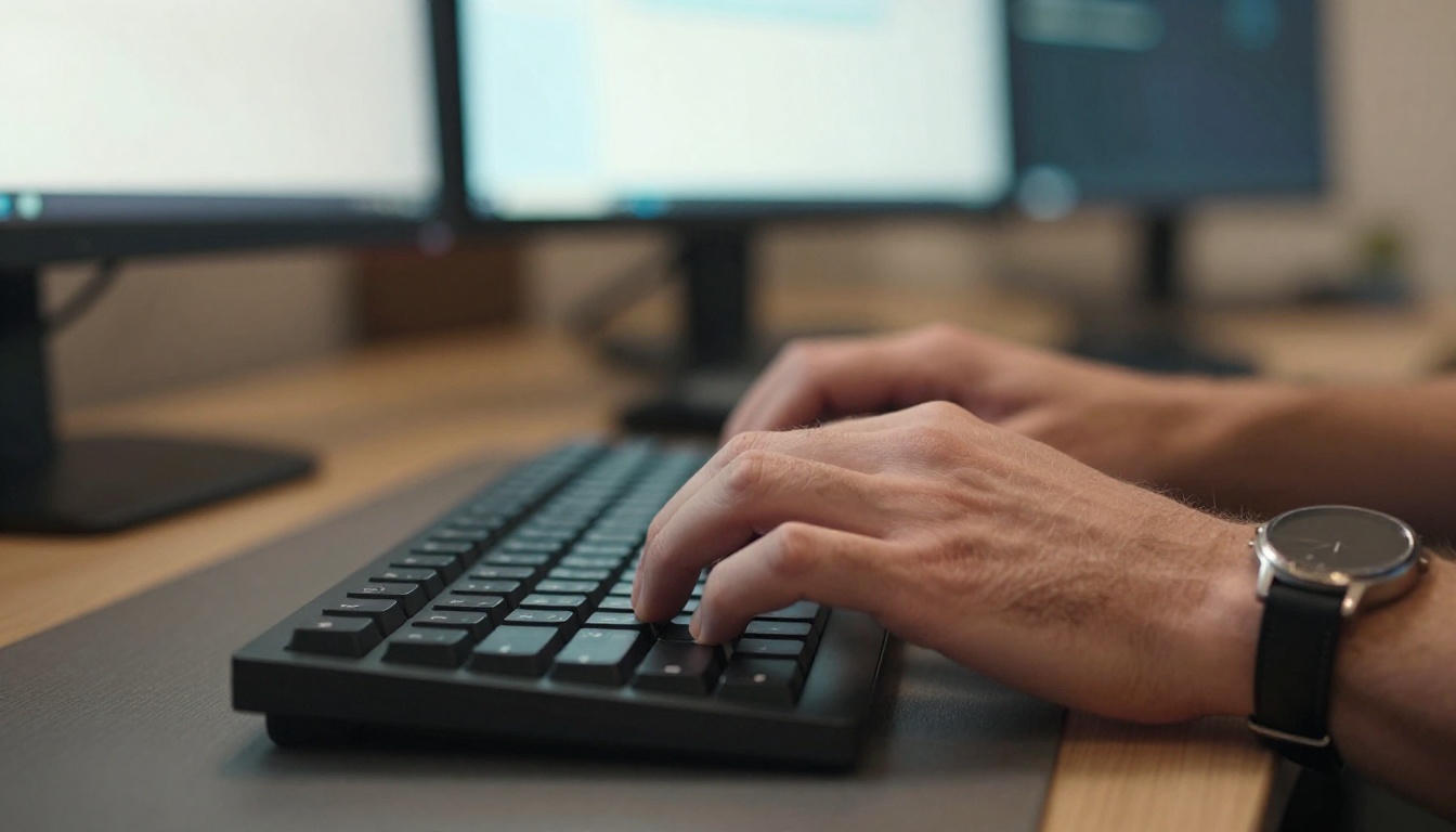 Close-up of a professional's hands actively typing on a matte black mechanical keyboard, multi-screen workstation glowing softly in the blurred background.
