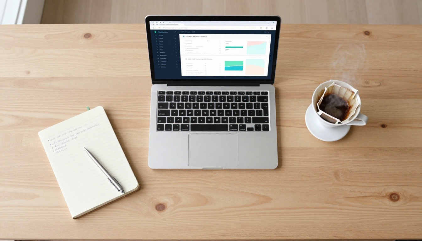 Flat-lay overhead shot of a minimalist pine desk: open laptop showing a dark analytics dashboard, handwritten notebook, pour-over coffee dripper with steam rising.