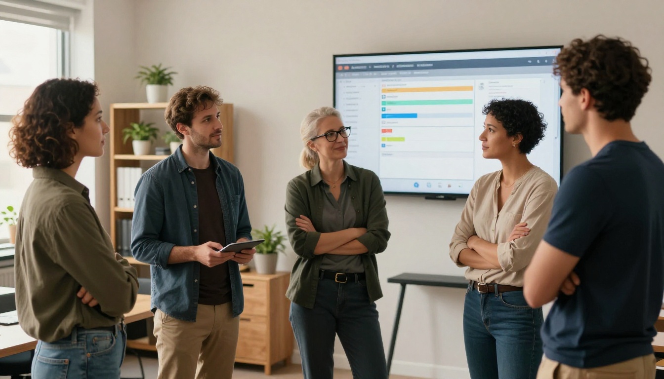 A diverse team of five professionals in a casual standup meeting in a bright modern open office, a sprint board with color-coded task cards visible on the wall behind them.