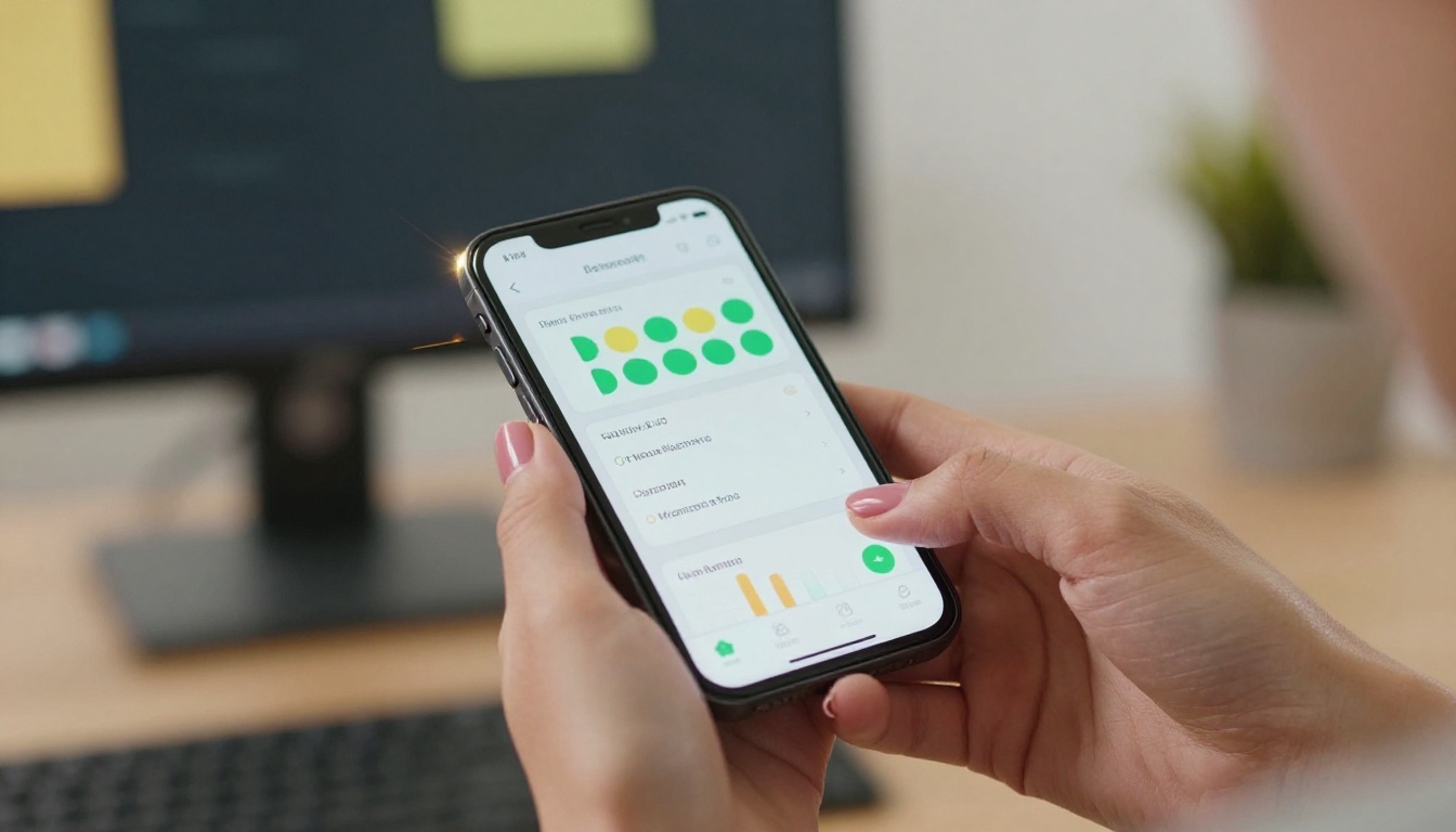 Close-up of a professional woman's hands holding an iPhone horizontally, displaying a dark-mode mobile management dashboard with team status cards, indicator dots, and workload bars.