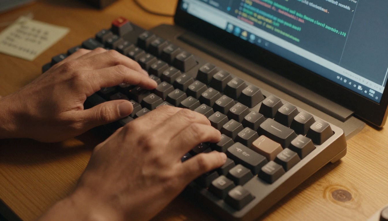 Developer hands typing on mechanical keyboard with terminal code reflected in keycaps