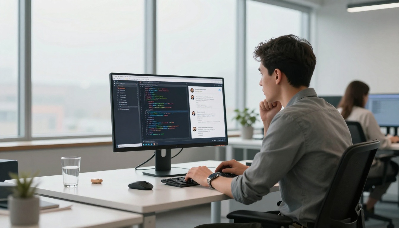 Developer at standing desk with split terminal and AI assistant panel visible on monitor