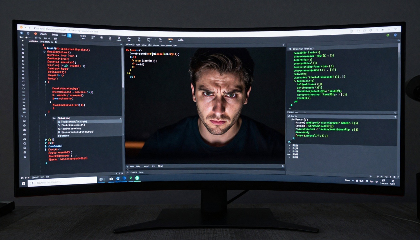 Developer studying an ultrawide monitor showing a complex code refactoring diff with green and red lines