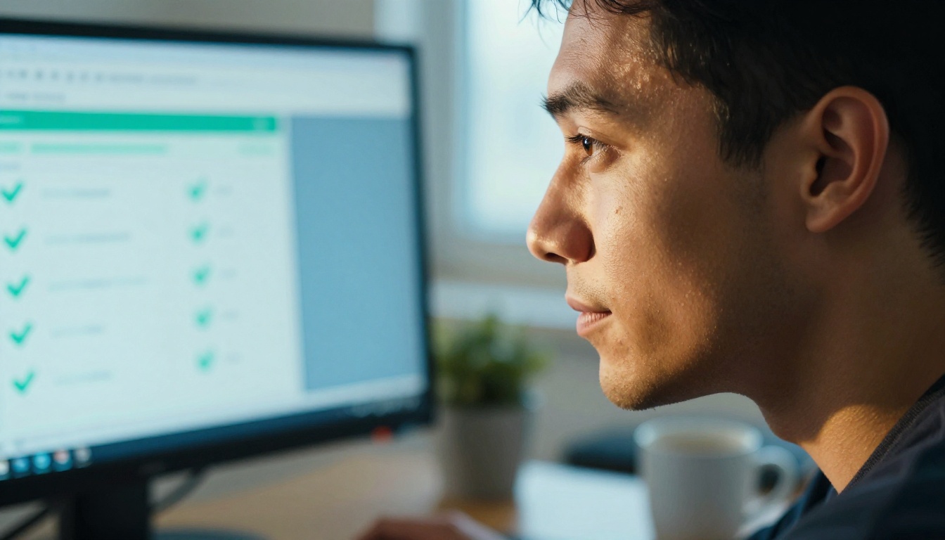 Side profile of developer with satisfied expression, monitor glow showing green passing test checkmarks
