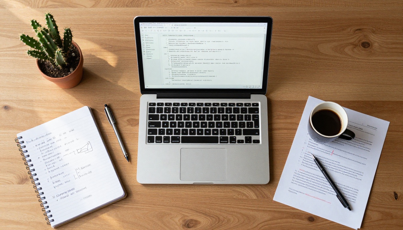 Aerial bird's-eye view of developer workspace with notebook, laptop, espresso cup, and code printouts