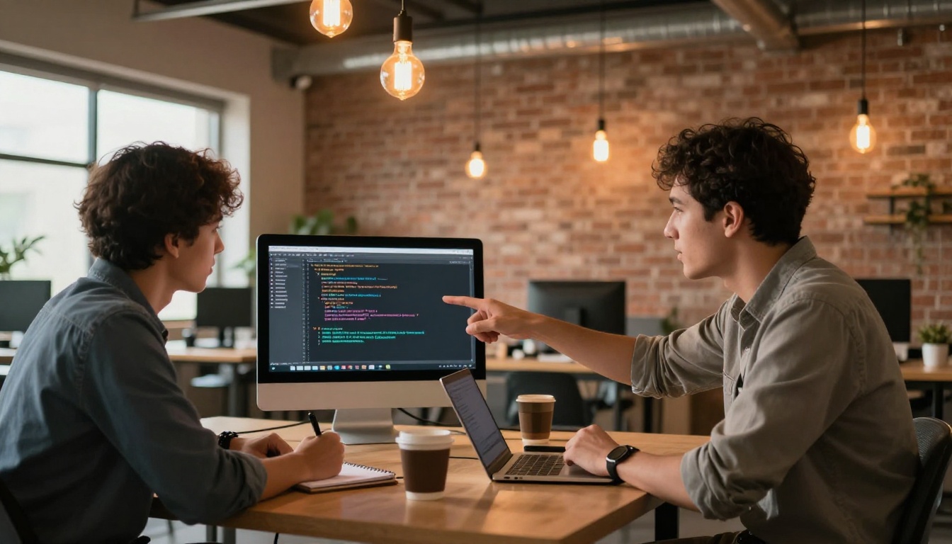 Two software developers collaborating at a shared desk with code on the monitor, exposed brick wall background