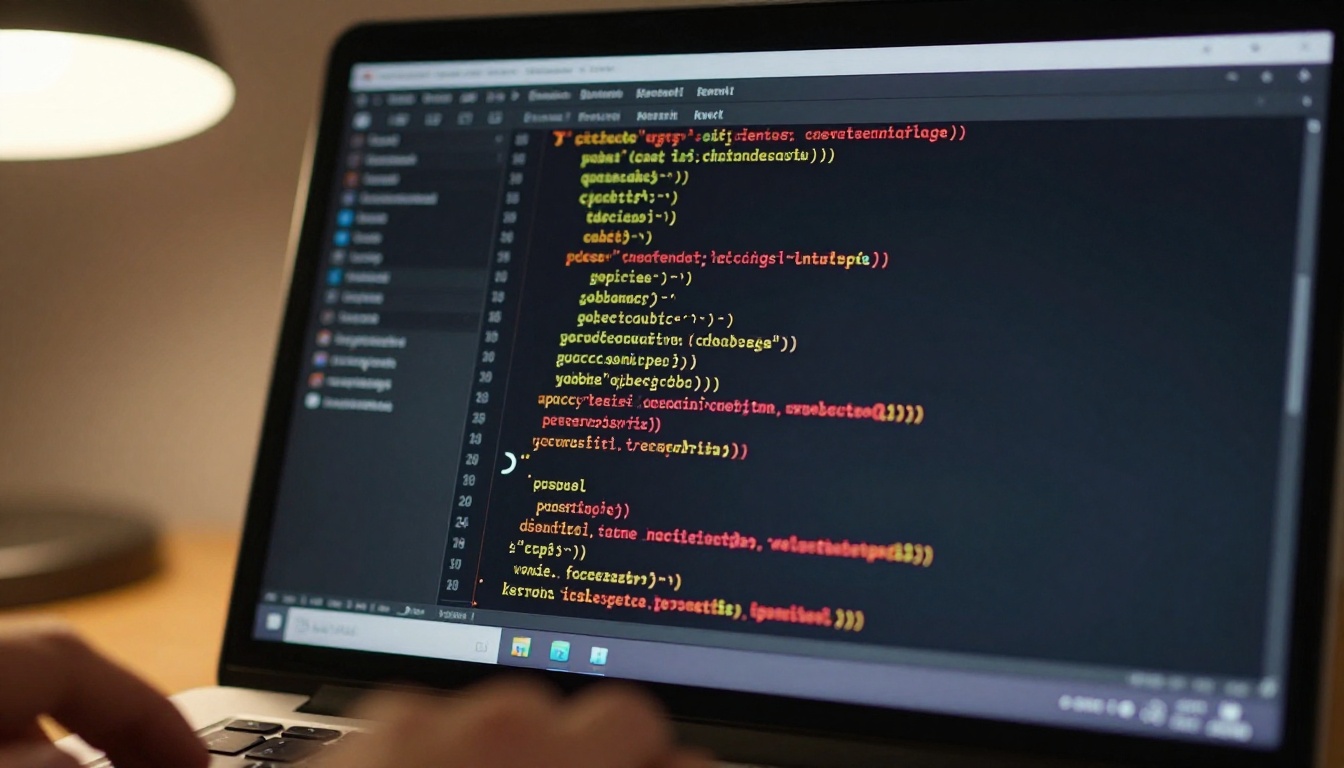 Close-up of developer's hand near laptop trackpad with debugging terminal output visible on screen