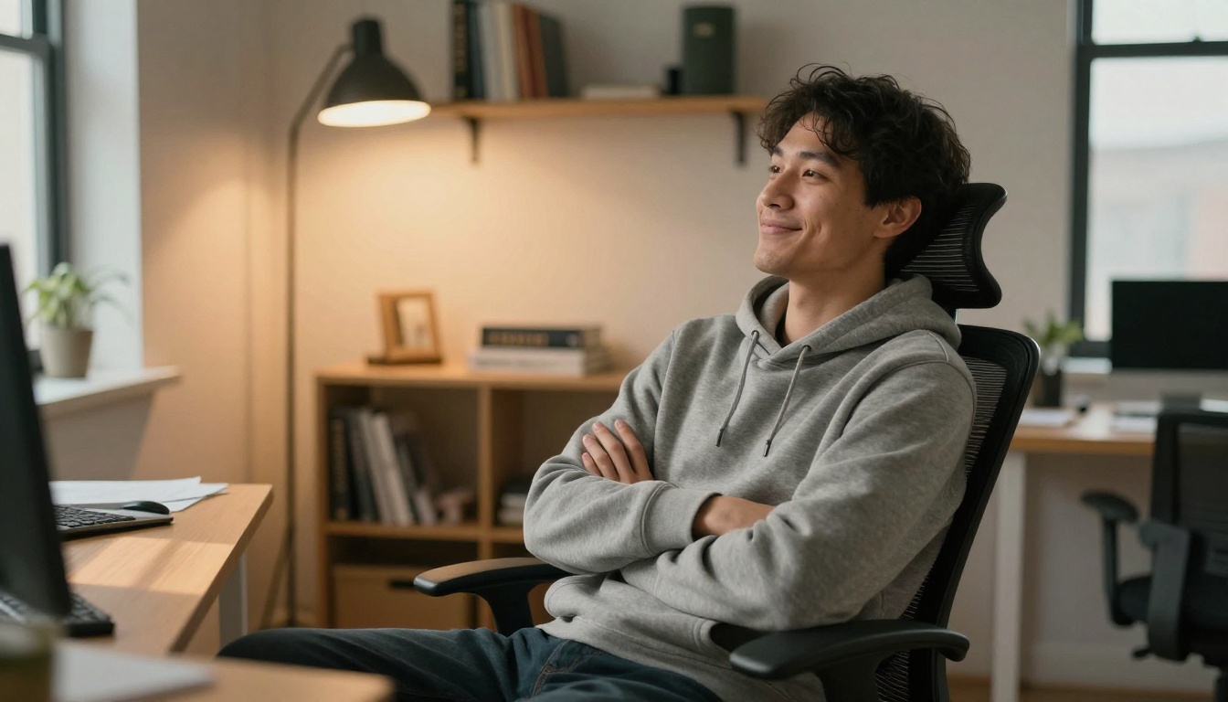 Developer leaning back in ergonomic chair with relaxed satisfied expression in a warm home office