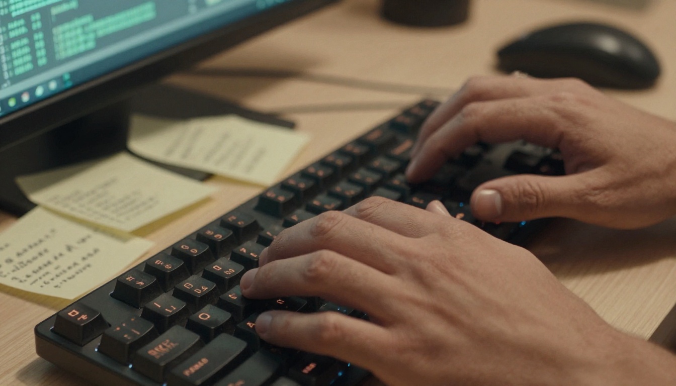 Close-up keyboard with sticky notes and code