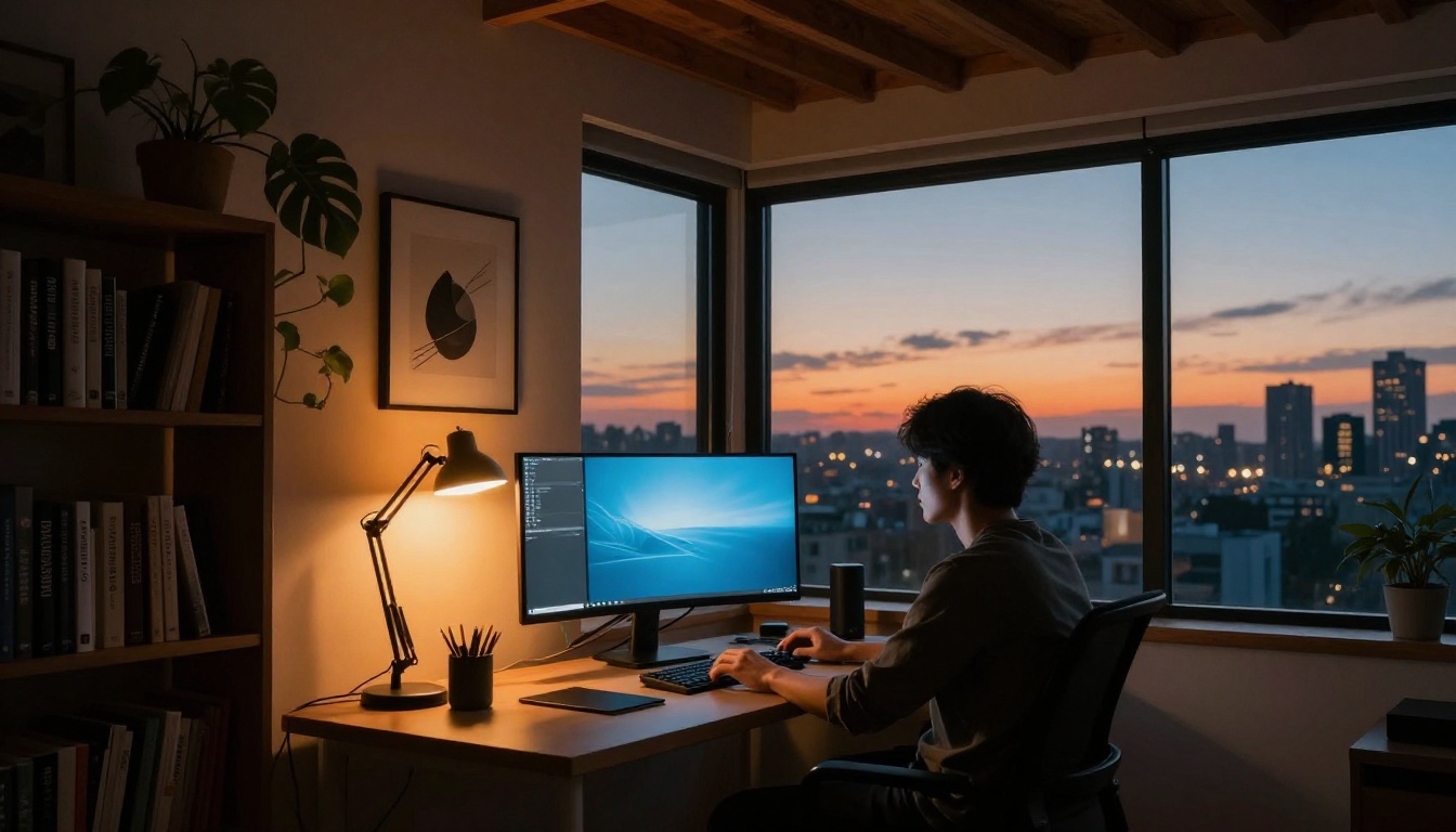 Developer working at desk at dusk with city skyline through window, monitor glow illuminating face